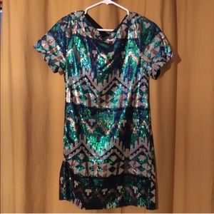sequin low back shift mini dress